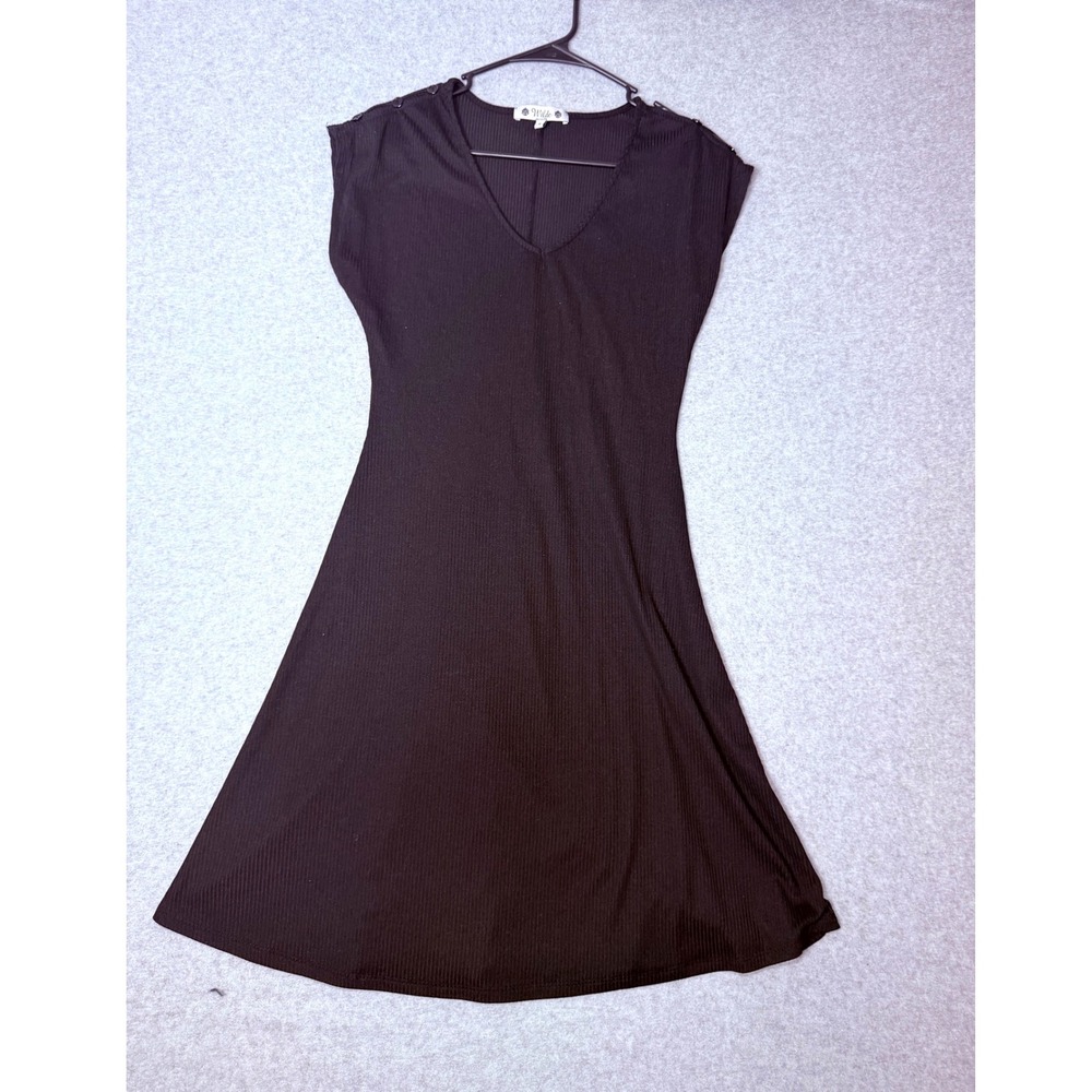 Wilde Dress Womens Small Black Ribbed Knit V-Neck Button Shoulder Sleeveless